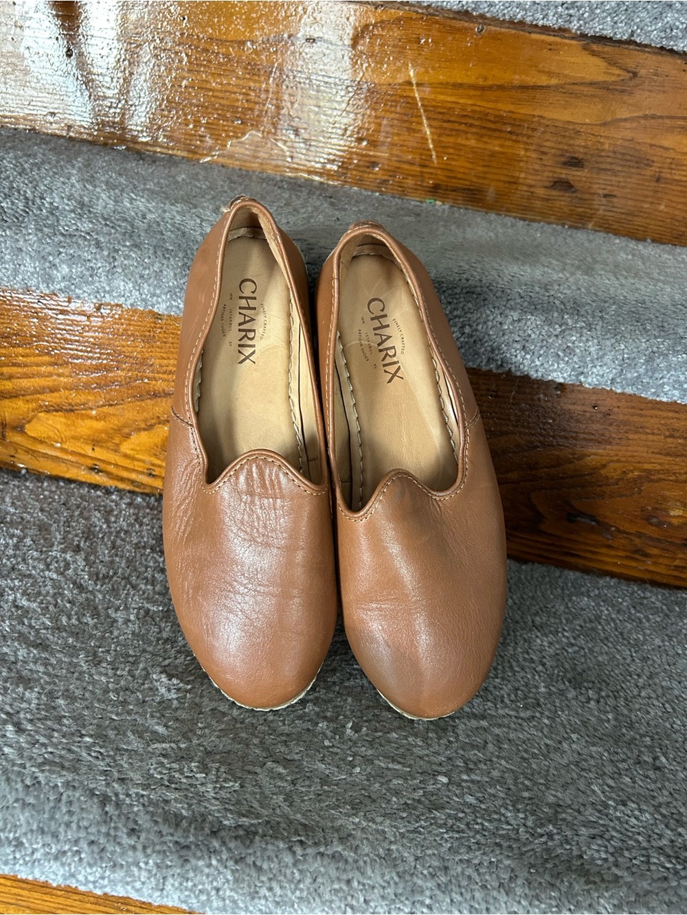 Charix Classic Artisan Camel Leather Slip On Flats Shoes